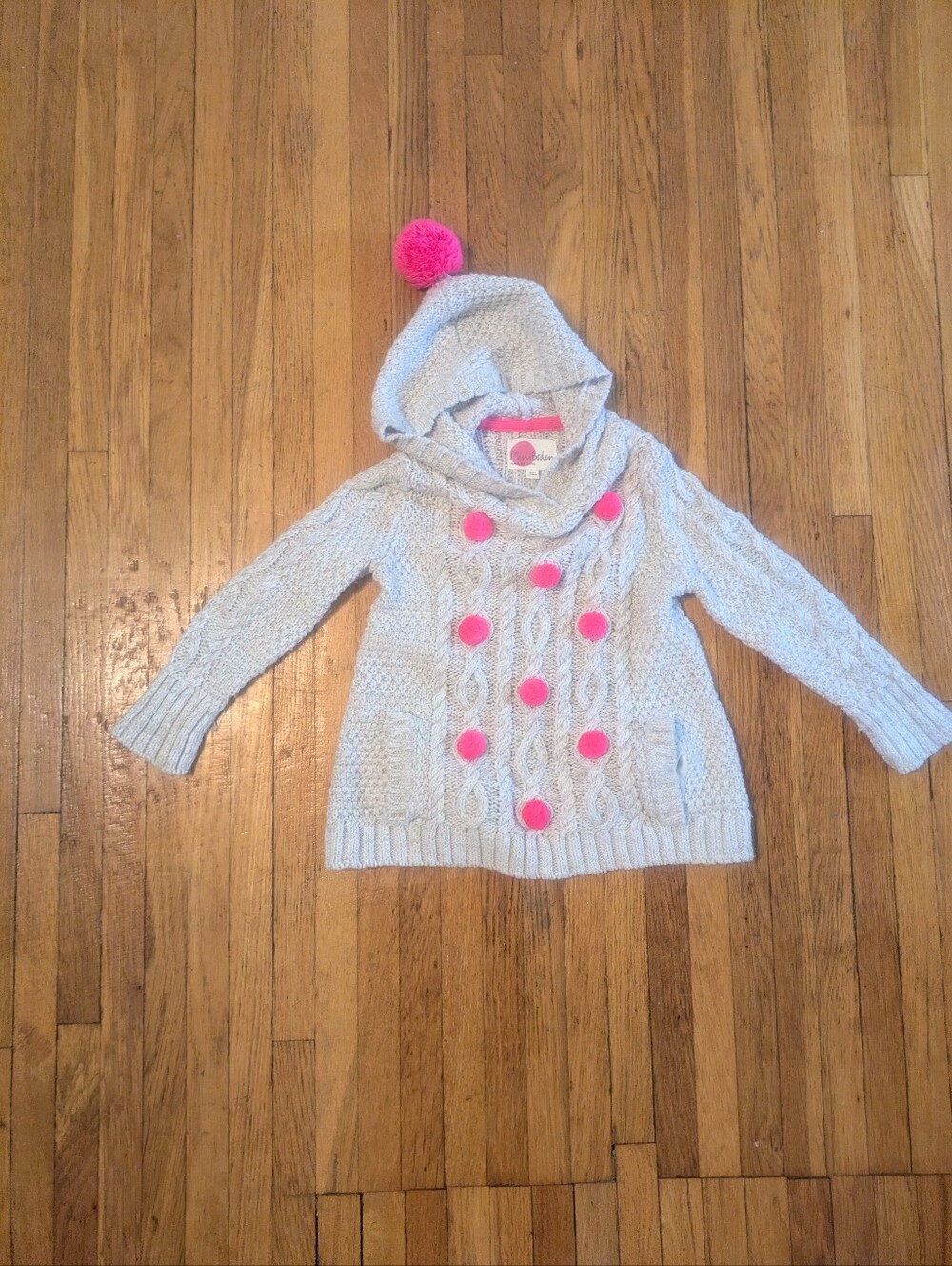 Mini Boden Chunky Cable Knit Pom Pom Hooded Sweater Size 4-5 Years